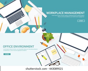 Workplace in Office with Table,Computer,Documents.Paperwork.Workplace Management Solutions.Office Jobs, Employment.Build Your Perfect Workplace.Organize Office Environment for Maximum Productivity.