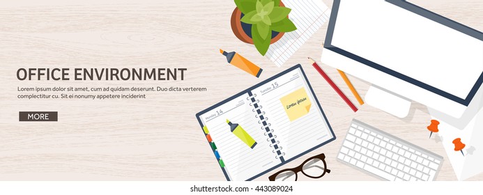 Workplace in Office with Table,Computer,Documents.Paperwork.Workplace Management Solutions.Office Jobs, Employment.Build Your Perfect Workplace.Organize Office Environment for Maximum Productivity.