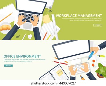 Workplace in Office with Table,Computer,Documents.Paperwork.Workplace Management Solutions.Office Jobs, Employment.Build Your Perfect Workplace.Organize Office Environment for Maximum Productivity.