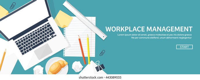 Workplace in Office with Table,Computer,Documents.Paperwork.Workplace Management Solutions.Office Jobs, Employment.Build Your Perfect Workplace.Organize Office Environment for Maximum Productivity.