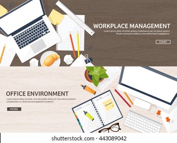 Workplace in Office with Table,Computer,Documents.Paperwork.Workplace Management Solutions.Office Jobs, Employment.Build Your Perfect Workplace.Organize Office Environment for Maximum Productivity.