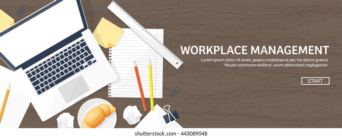 Workplace in Office with Table,Computer,Documents.Paperwork.Workplace Management Solutions.Office Jobs, Employment.Build Your Perfect Workplace.Organize Office Environment for Maximum Productivity.