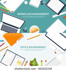 Workplace in Office with Table,Computer,Documents.Paperwork.Workplace Management Solutions.Office Jobs, Employment.Build Your Perfect Workplace.Organize Office Environment for Maximum Productivity.