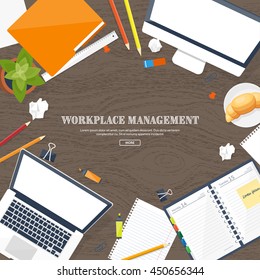 Workplace in Office with Table,Computer,Documents.Paperwork.Workplace Management Solutions.Office Jobs, Employment.Build Your Perfect Workplace.Organize Office Environment for Maximum Productivity.