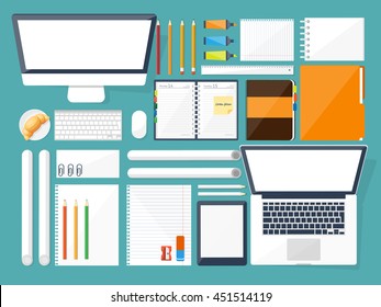 Workplace in Office with Table,Computer,Documents.Paperwork.Workplace Management Solutions.Office Jobs, Employment.Build Your Perfect Workplace.Organize Office Environment for Maximum Productivity.