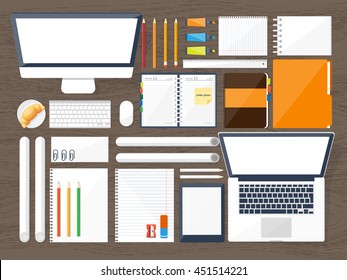 Workplace in Office with Table,Computer,Documents.Paperwork.Workplace Management Solutions.Office Jobs, Employment.Build Your Perfect Workplace.Organize Office Environment for Maximum Productivity.