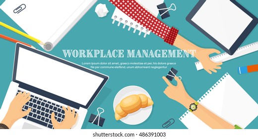 Workplace in Office with Table,Computer,Documents.Paperwork.Workplace Management Solutions.Office Jobs, Employment.Build Your Perfect Workplace.Organize Office Environment for Maximum Productivity.