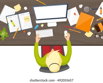 Workplace in Office with Table,Computer,Documents.Paperwork.Workplace Management Solutions.Office Jobs, Employment.Build Your Perfect Workplace.Organize Office Environment for Maximum Productivity.