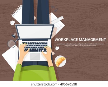 Workplace in Office with Table,Computer,Documents.Paperwork.Workplace Management Solutions.Office Jobs, Employment.Build Your Perfect Workplace.Organize Office Environment for Maximum Productivity.
