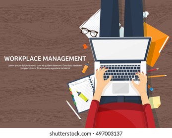 Workplace in Office with Table,Computer,Documents.Paperwork.Workplace Management Solutions.Office Jobs, Employment.Build Your Perfect Workplace.Organize Office Environment for Maximum Productivity.