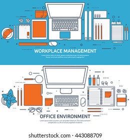 Workplace in Office with Table,Computer.Line art.Lined Vector.Workplace Management Solutions.Office Jobs, Employment.Build Your Perfect Workplace.Organize Office Environment for Maximum Productivity.