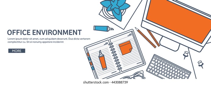 Workplace in Office with Table,Computer.Line art.Lined Vector.Workplace Management Solutions.Office Jobs, Employment.Build Your Perfect Workplace.Organize Office Environment for Maximum Productivity.