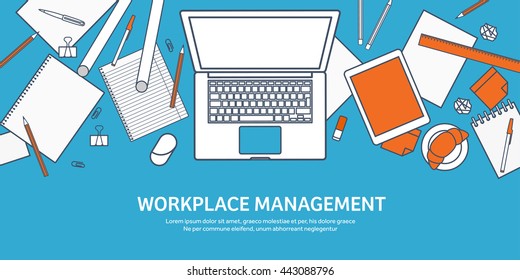 Workplace in Office with Table,Computer.Line art.Lined Vector.Workplace Management Solutions.Office Jobs, Employment.Build Your Perfect Workplace.Organize Office Environment for Maximum Productivity.