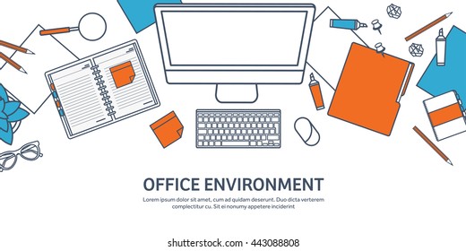 Workplace in Office with Table,Computer.Line art.Lined Vector.Workplace Management Solutions.Office Jobs, Employment.Build Your Perfect Workplace.Organize Office Environment for Maximum Productivity.
