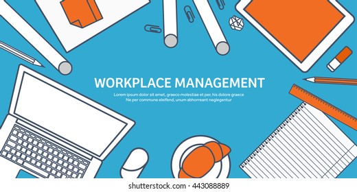 Workplace in Office with Table,Computer.Line art.Lined Vector.Workplace Management Solutions.Office Jobs, Employment.Build Your Perfect Workplace.Organize Office Environment for Maximum Productivity.
