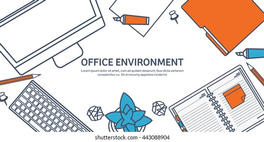 Workplace in Office with Table,Computer.Line art.Lined Vector.Workplace Management Solutions.Office Jobs, Employment.Build Your Perfect Workplace.Organize Office Environment for Maximum Productivity.