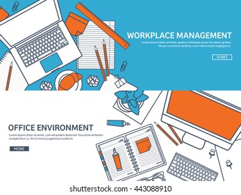 Workplace in Office with Table,Computer.Line art.Lined Vector.Workplace Management Solutions.Office Jobs, Employment.Build Your Perfect Workplace.Organize Office Environment for Maximum Productivity.