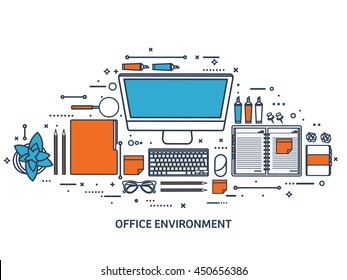 Workplace in Office with Table,Computer.Line art.Lined Vector.Workplace Management Solutions.Office Jobs, Employment.Build Your Perfect Workplace.Organize Office Environment for Maximum Productivity.