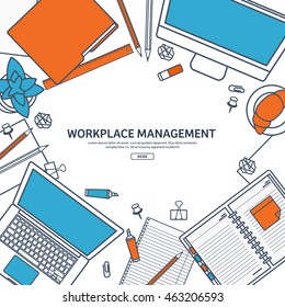 Workplace in Office with Table,Computer.Line art.Lined Vector.Workplace Management Solutions.Office Jobs, Employment.Build Your Perfect Workplace.Organize Office Environment for Maximum Productivity.