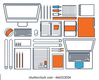 Workplace in Office with Table,Computer.Line art.Lined Vector.Workplace Management Solutions.Office Jobs, Employment.Build Your Perfect Workplace.Organize Office Environment for Maximum Productivity.