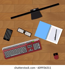 Workplace office vector. Employee place, workspace with notepad and computer illustration