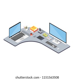 Workplace in office. Web designer and development. Isometric image of laptop and computer, phone and graphics tablet, carculator and book with pen on table. Isolated on white background. Vector