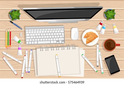 Workplace office work in a team. Objects lying on a wooden table. The web banner. Modern flat design. For artist