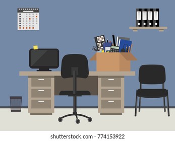 Workplace of an office worker in blue color. There is a desk, chairs, a shelf with folders, a calendar and other objects in the picture. Also on the table is a cardboard box with stationery. Vector