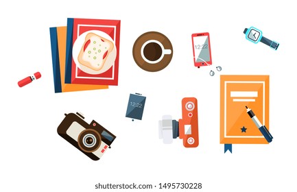 Workplace for Office Worker, Businessman, Freelancer, Desk Top View, Sandwich, Notebook, Camera, Flash Drive, Smartphone, Wrist Watch, Cup of Coffee Vector Illustration