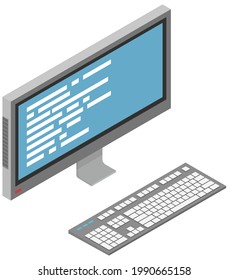 Workplace of office worker with code screen. Desktop with computer monitor and keyboard. Modern digital device electronic means of communications, computing machine, vector isometric projection