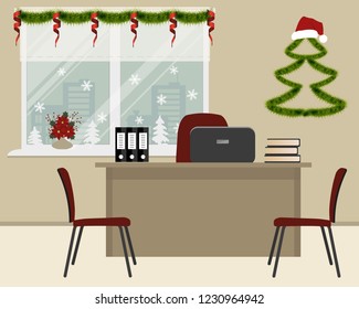 Workplace of office worker, decorated with Christmas decoration. There is a desk, red chairs and other objects on a window background. There is also a decorative Christmas tree on the wall here.Vector