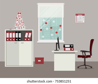 Workplace of office worker, decorated with Christmas decoration. There is a desk, chair, cabinet with folders and other objects on a window background in the image. There is also a Christmas tree here