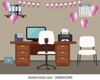 Workplace Of An Office Worker, Decorated For His Birthday. There Is A Desk, A Phone, A Printer, Chairs And Other Objects In The Image. Also There Are Pink Balloons, Flags 