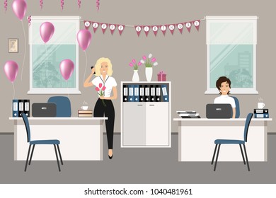 Workplace of an office worker, decorated for his birthday. Young woman is stands with a bouquet of flowers near the desk. There is one more employee in the room. There are pink balloons and flags here