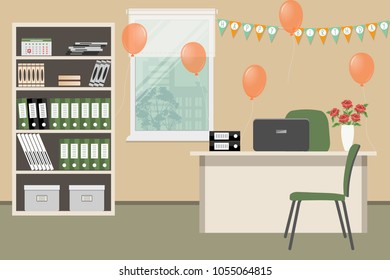 Workplace of an office worker, decorated for his birthday. There is a desk, a cabinet, green chairs, on a window background. There are also orange balloons, flags "Happy Birthday" here. Vector