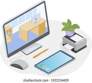 Workplace of office worker. Desktop with computer, printer, smartphone and other office objects. Monitor and computer mouse, phone, scanner with paper document on white background isometric vector