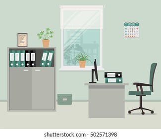 Workplace of office worker in grey color. There are such objects on a window background: a table, case for documents, a chair, computer. Vector flat illustration