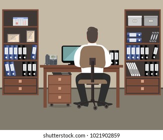 Workplace of office worker. The man is an employee at work, he is sitting at a desk. There are cabinets with folders, a computer, a phone and other objects in the picture. Vector flat illustration