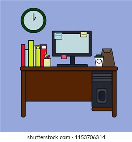 Workplace for office worker, manager, boss or student computer folder sticker books lunch in the workplace vector illustration