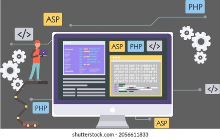 Workplace of office worker programmer with code screen. Desktop with computer monitor and infographics. Modern digital device electronic means of communication computing machine. Code on screen laptop