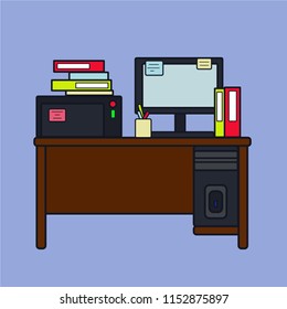 Workplace for office worker or student with printer, computer, folder, books vector illustration
