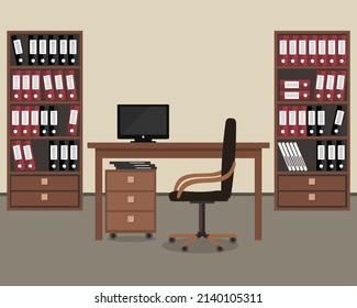 Lugar de trabajo del trabajador de oficina. Hay un escritorio, una silla, dos armarios con carpetas y otros objetos en la imagen. Ilustración plana del vector