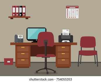 Workplace of office worker. There is a desktop, a computer, a phone, a printer, a shelf with folders, chairs and other objects in red colors in the picture. Vector flat illustration.