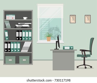 Workplace of office worker. There is a gray desk, a green chair, a computer, a cabinet with folders and other objects on a window background in the picture. Vector flat illustration