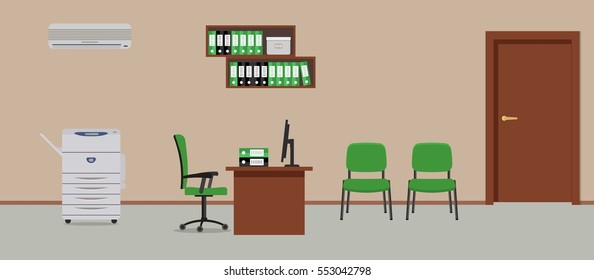 Workplace of office worker. There is a table, green chairs, a copy machine, a conditioner, shelves for documents and other objects in the picture. Vector flat illustration.