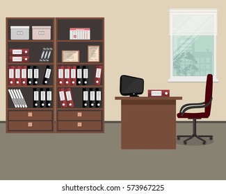 Workplace of office worker. There is a table, a burgundy chair, two cabinets with folders and other objects in the picture. Vector flat illustration