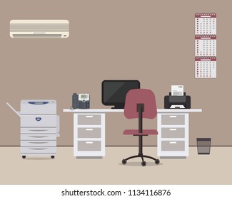 Workplace of office worker. There is a white desk, a purple chair, a copy machine, a conditioner, a computer, a printer, a calendar and other objects in the picture. Vector illustration.