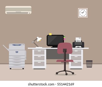 Workplace of office worker. There is a white table, a purple chair, a copy machine, a conditioner, a computer, a printer and other objects in the picture. Vector flat illustration.