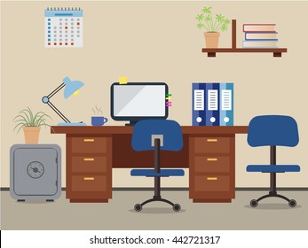 Workplace of office worker. Vector flat illustration. On the picture the desktop, a chairs, the  computer,  a safe, folders, a lamp and other objects in blue colors are represented