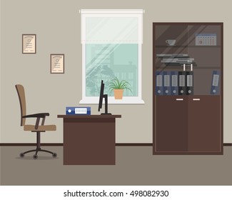 Workplace of office worker. Vector flat illustration. There is an office furniture in brown color: a table, case for documents, a chair and other objects in the picture